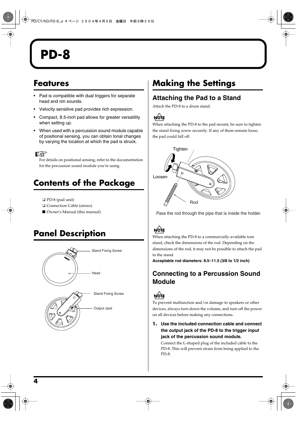 Pd-8, Features, Contents of the package | Panel description, Making the settings, Attaching the pad to a stand, Connecting to a percussion sound module | Roland PD-8 - Dual-Trigger Rubber Drum Pad User Manual | Page 4 / 12