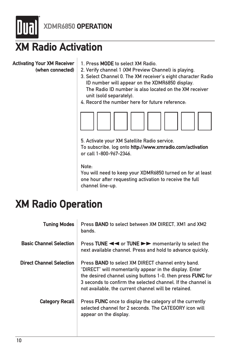 Xm radio activation, Xm radio operation | Dual XDMR6850 User Manual | Page 10 / 24