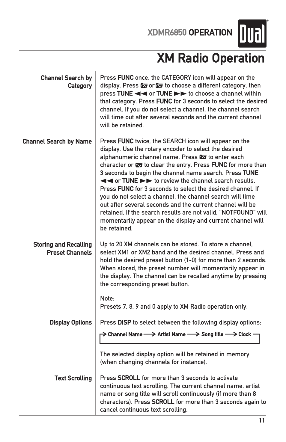 Xm radio operation | Dual XDMR6850 User Manual | Page 11 / 24