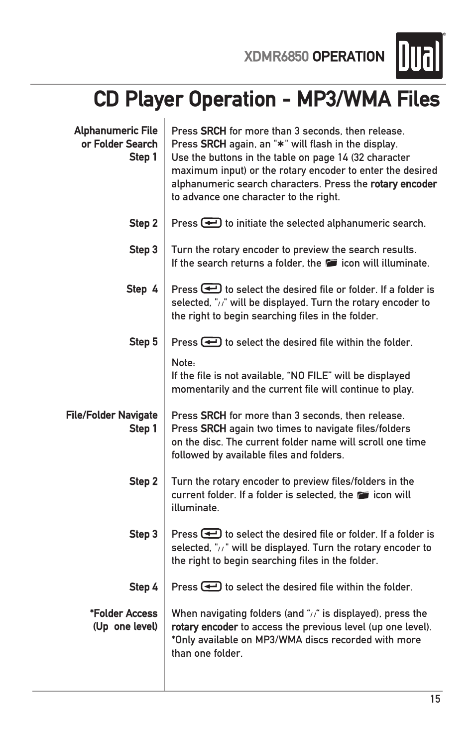 Cd player operation - mp3/wma files, Xdmr6850 operation | Dual XDMR6850 User Manual | Page 15 / 24