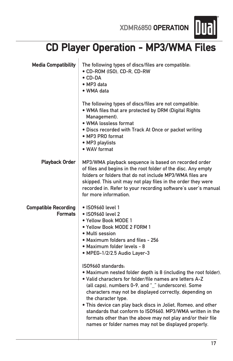 Cd player operation - mp3/wma files, Xdmr6850 operation | Dual XDMR6850 User Manual | Page 17 / 24