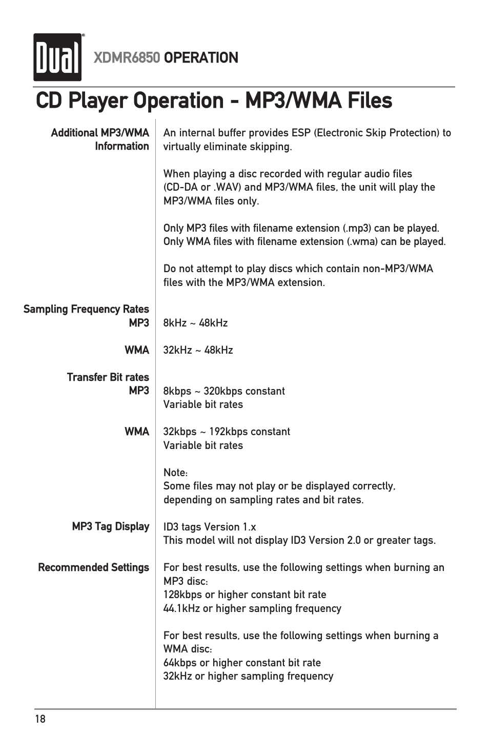 Cd player operation - mp3/wma files, Xdmr6850 operation | Dual XDMR6850 User Manual | Page 18 / 24