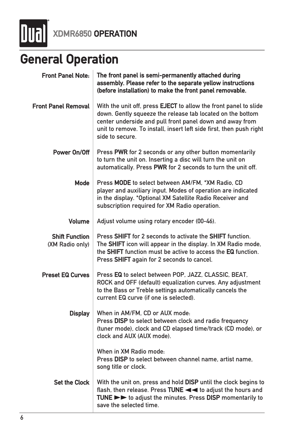 General operation, Xdmr6850 operation | Dual XDMR6850 User Manual | Page 6 / 24