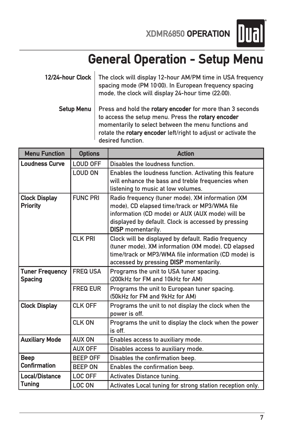 General operation - setup menu, Xdmr6850 operation | Dual XDMR6850 User Manual | Page 7 / 24
