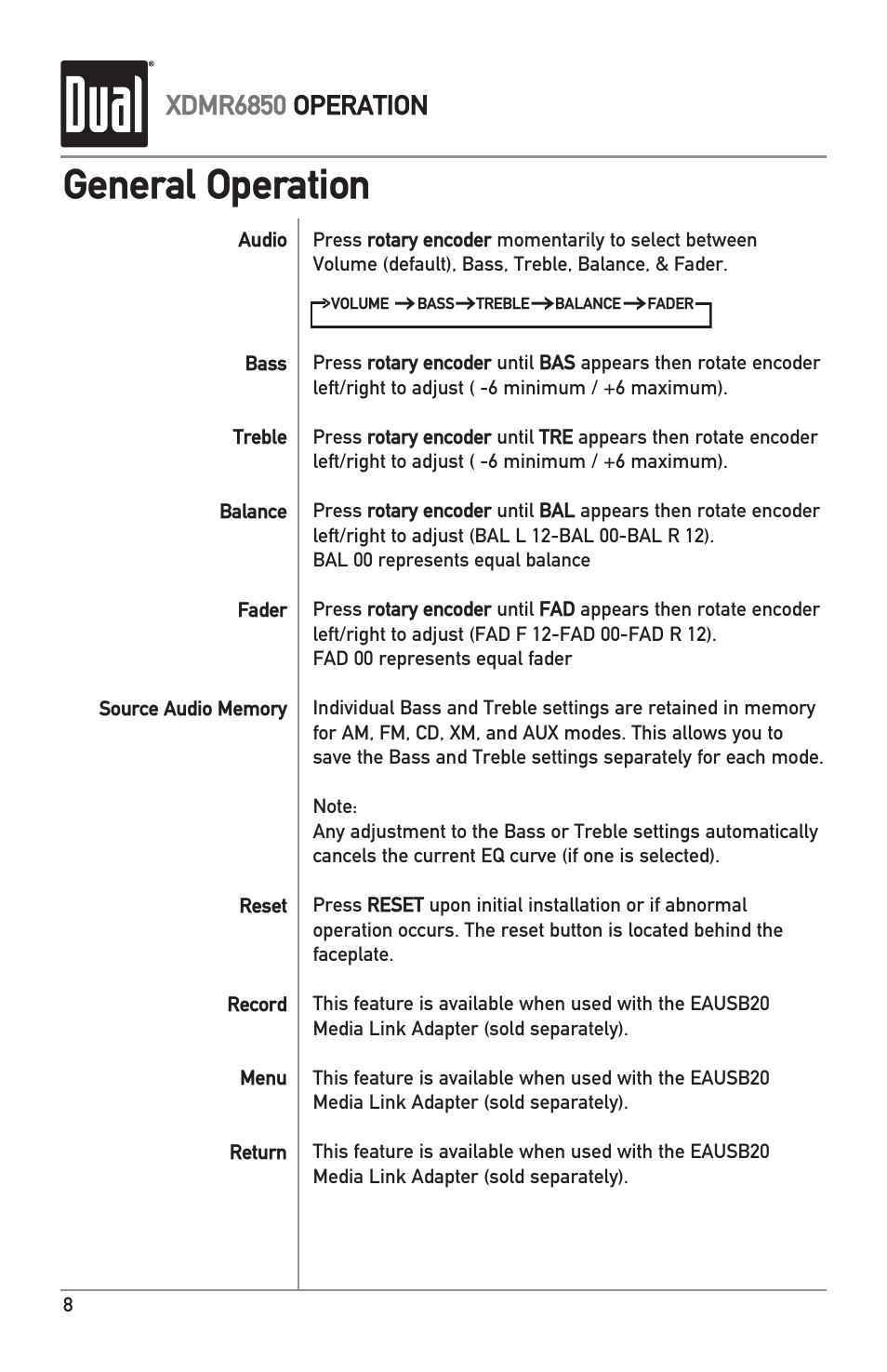 General operation, Xdmr6850 operation | Dual XDMR6850 User Manual | Page 8 / 24