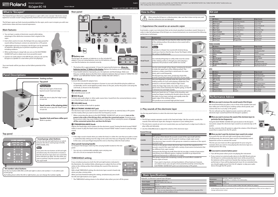 Roland EC-10 Electronic Layered Cajon User Manual | 1 page