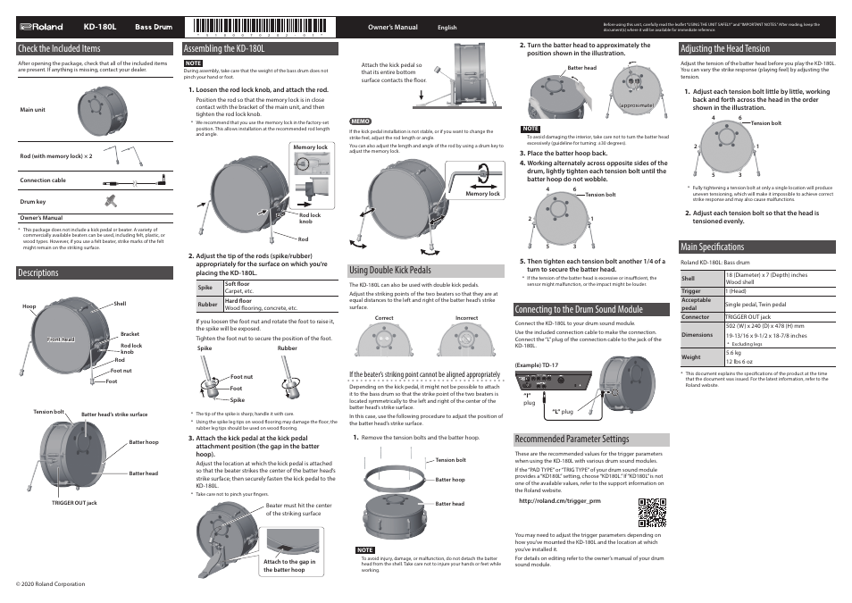 Roland KD-180L-BK V-Drums Acoustic Design 18" Kick Drum Pad User Manual | 1 page