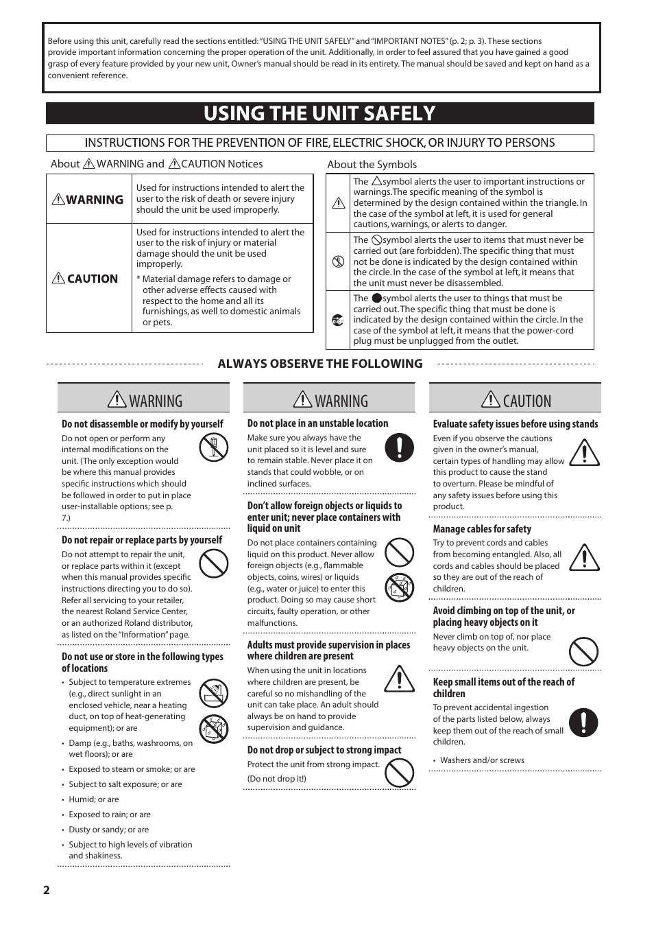 Warning, Caution, Always observe the following | Roland PDX-100 V-Pad 10" Snare or Floor Tom User Manual | Page 2 / 9