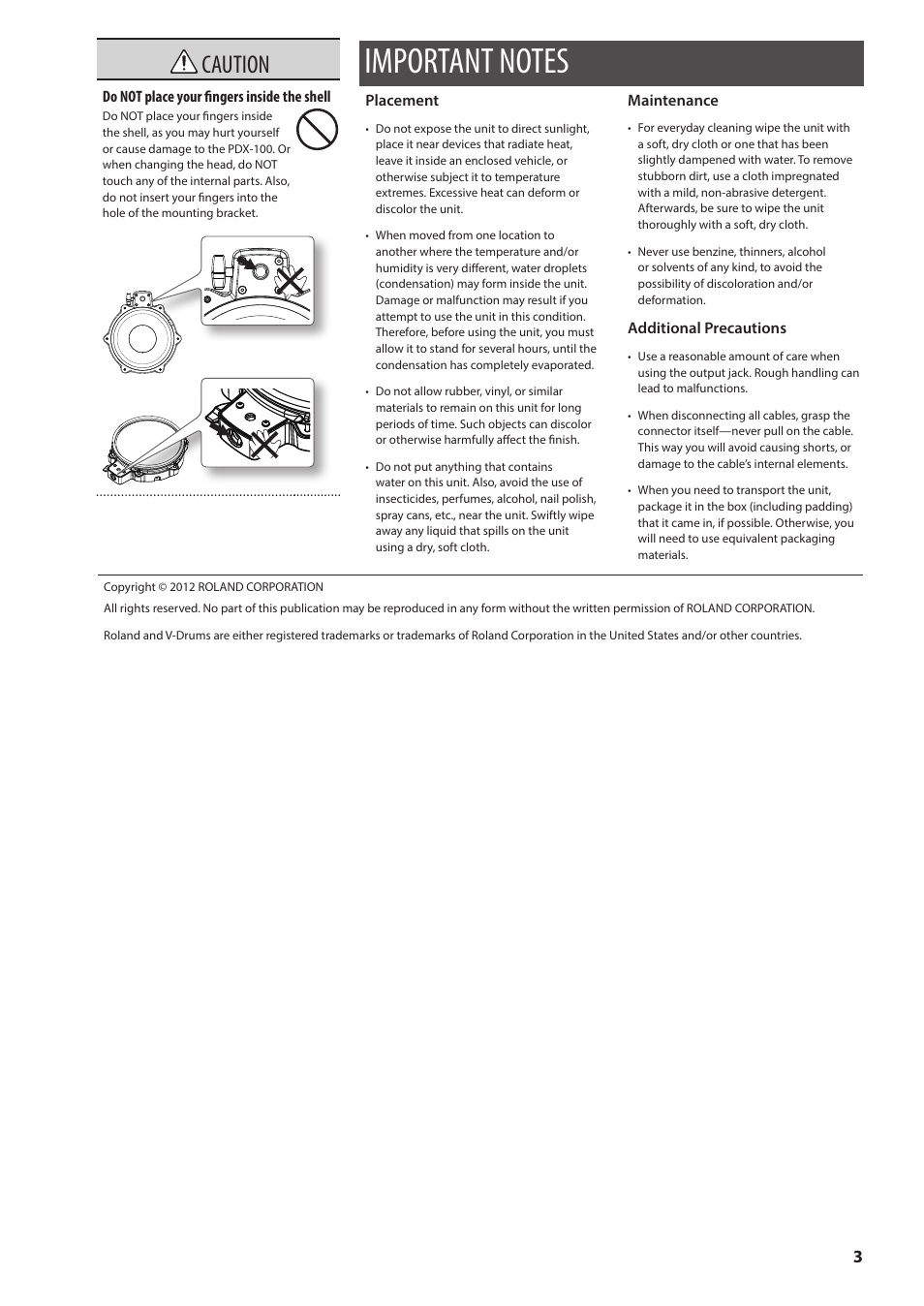 Caution | Roland PDX-100 V-Pad 10" Snare or Floor Tom User Manual | Page 3 / 9