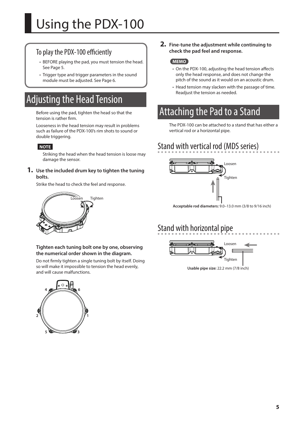 Using the pdx-100, Adjusting the head tension, Attaching the pad to a stand | Stand with vertical rod (mds series), Stand with horizontal pipe | Roland PDX-100 V-Pad 10" Snare or Floor Tom User Manual | Page 5 / 9