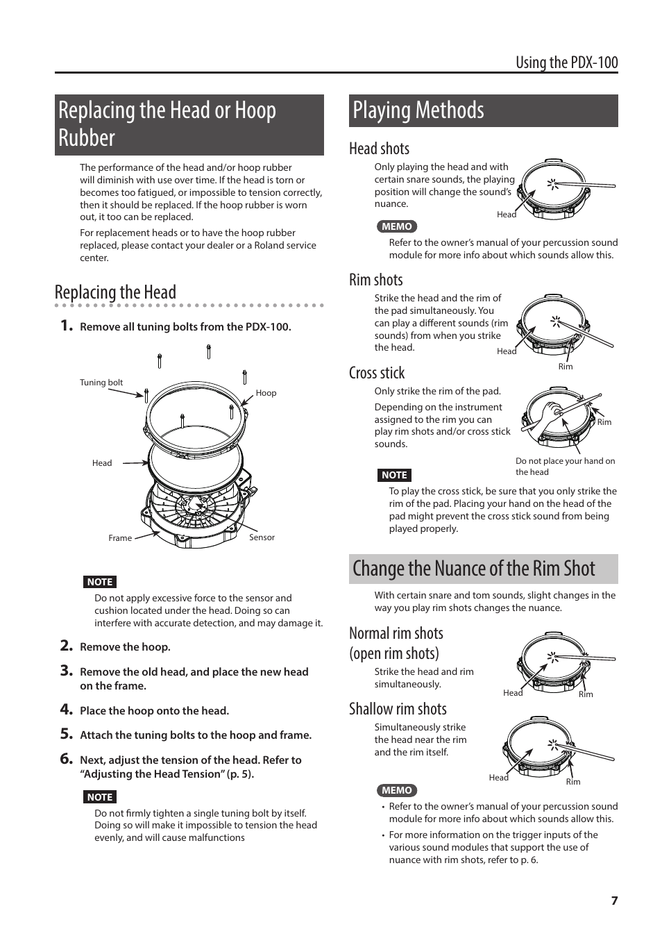 Replacing the head or hoop rubber, Playing methods, Change the nuance of the rim shot | Replacing the head, Using the pdx-100, Head shots, Rim shots, Cross stick, Normal rim shots (open rim shots), Shallow rim shots | Roland PDX-100 V-Pad 10" Snare or Floor Tom User Manual | Page 7 / 9
