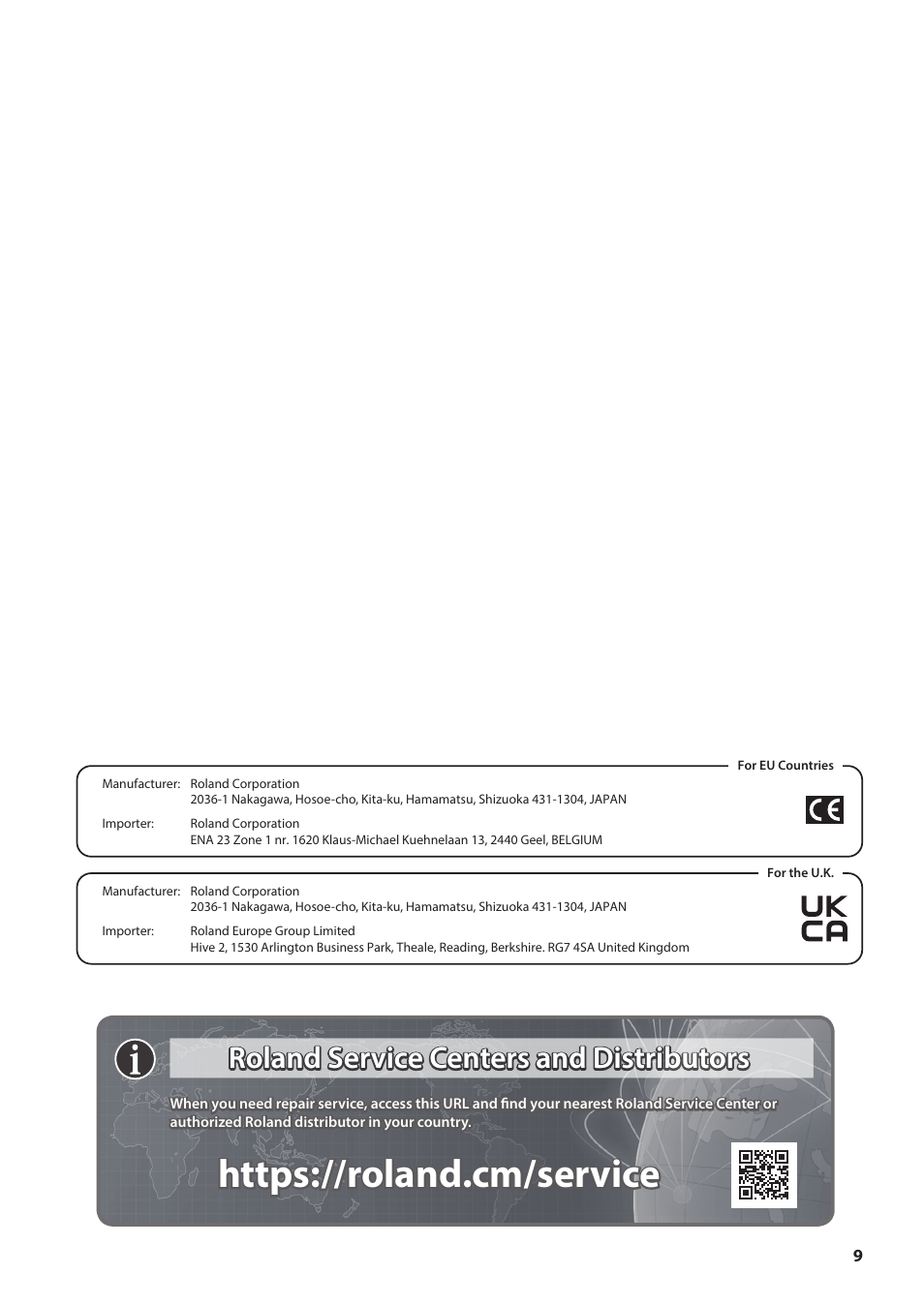 Roland service centers and distributors | Roland PDX-100 V-Pad 10" Snare or Floor Tom User Manual | Page 9 / 9