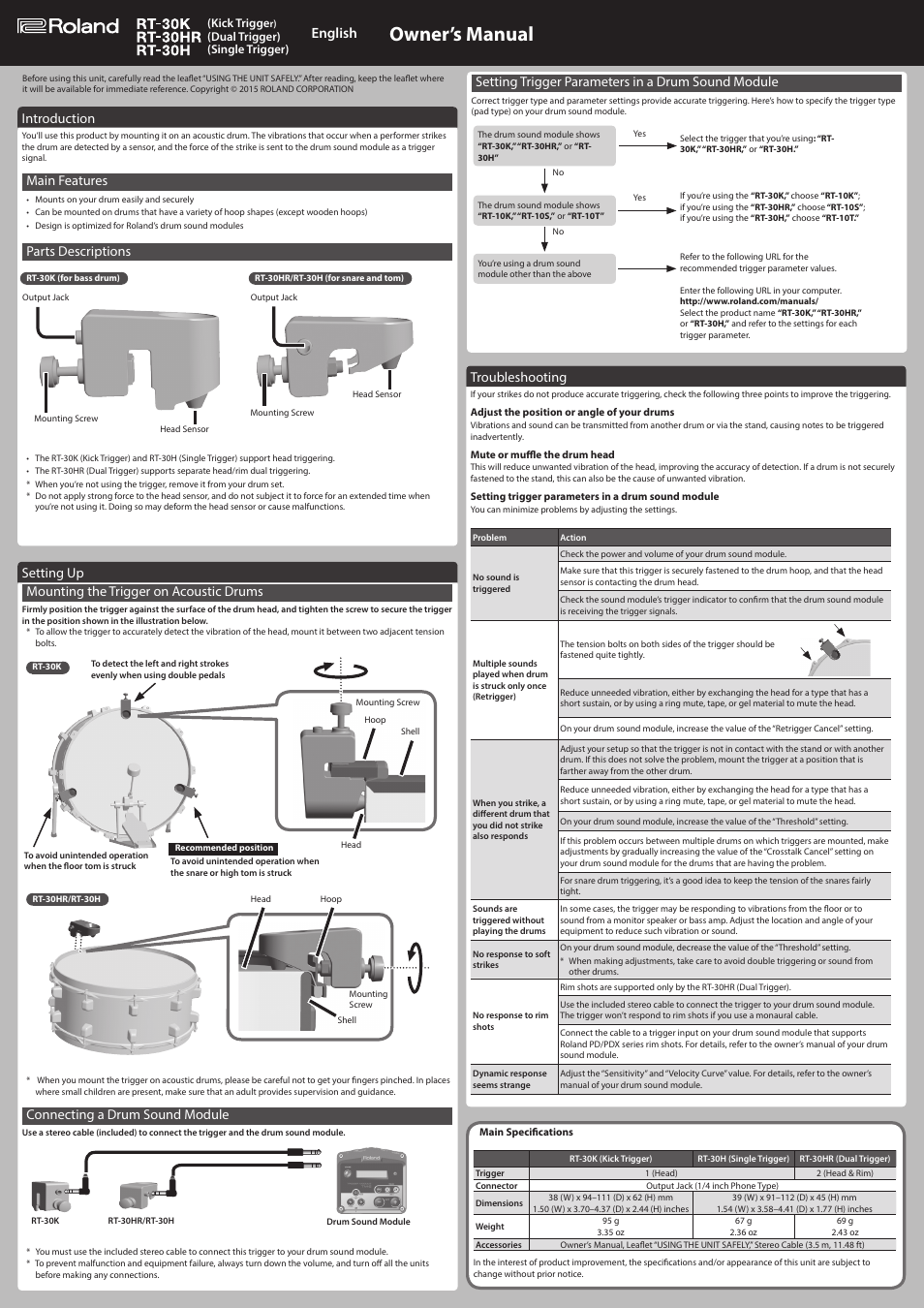 Roland RT-30HR Double Acoustic Drum Trigger User Manual | 1 page