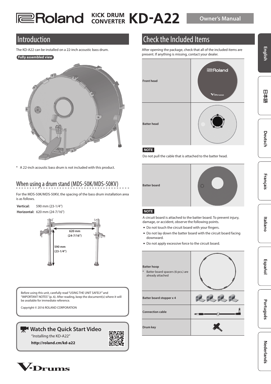 Roland KD-A22 Kick Drum Converter User Manual | 6 pages