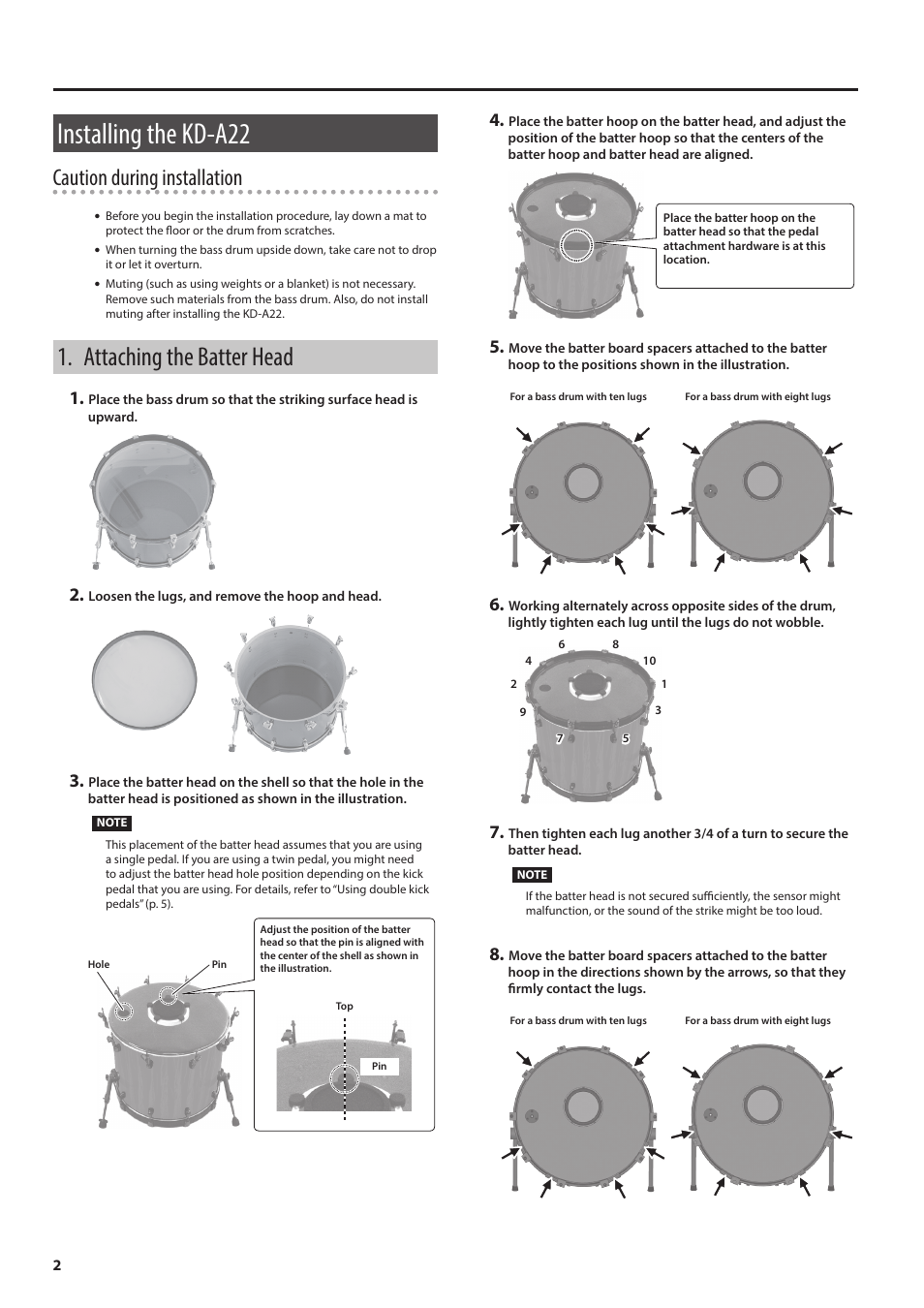 Installing the kd-a22, Attaching the batter head, Caution during installation | Roland KD-A22 Kick Drum Converter User Manual | Page 2 / 6