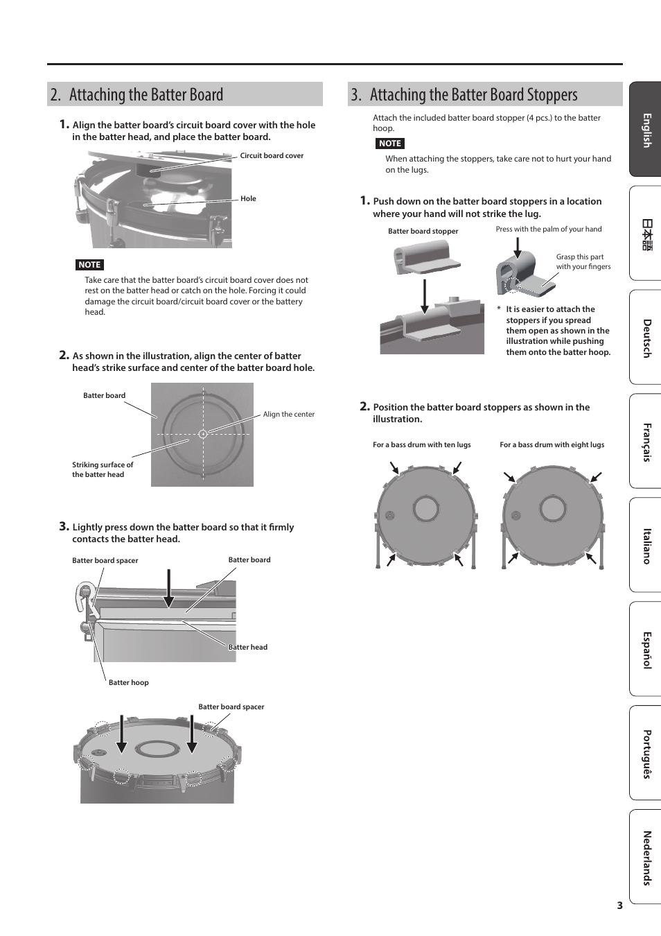 Attaching the batter board, Attaching the batter board stoppers | Roland KD-A22 Kick Drum Converter User Manual | Page 3 / 6