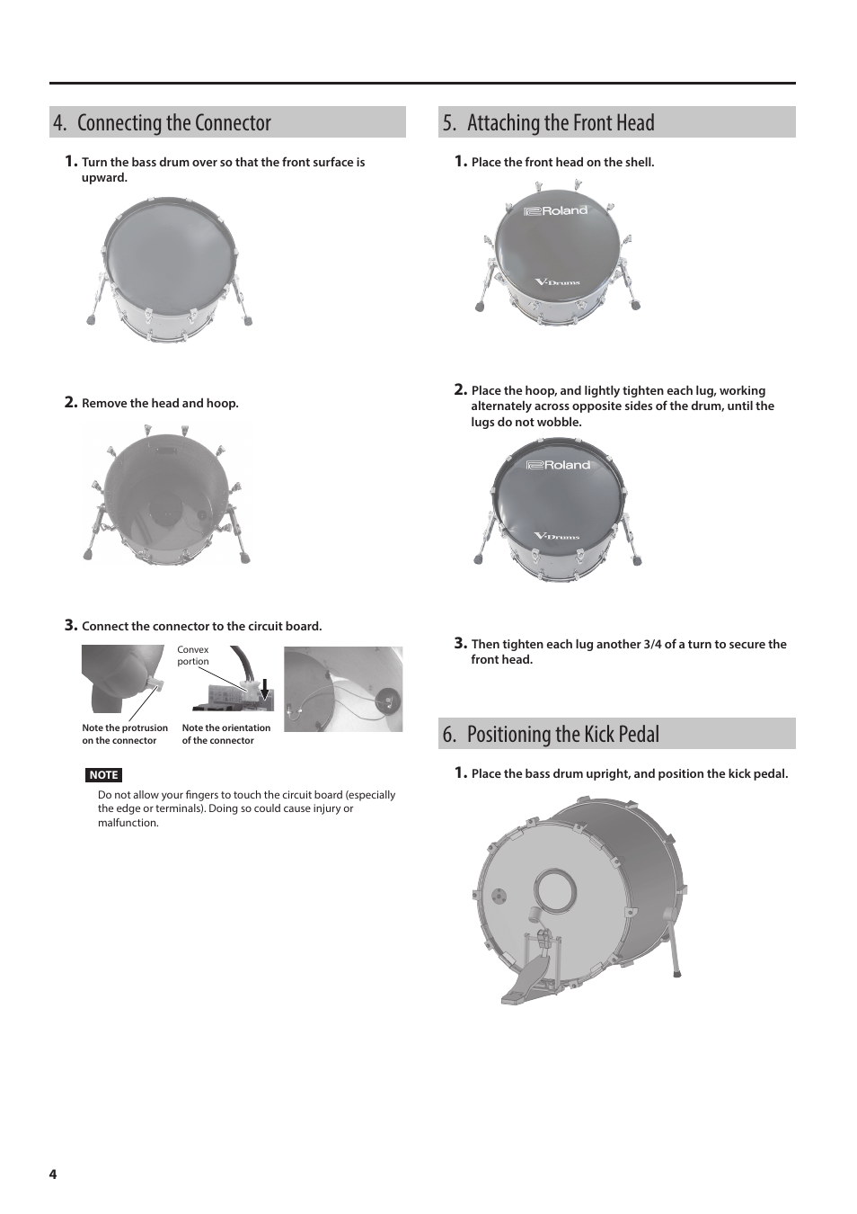 Connecting the connector, Attaching the front head, Positioning the kick pedal | Roland KD-A22 Kick Drum Converter User Manual | Page 4 / 6