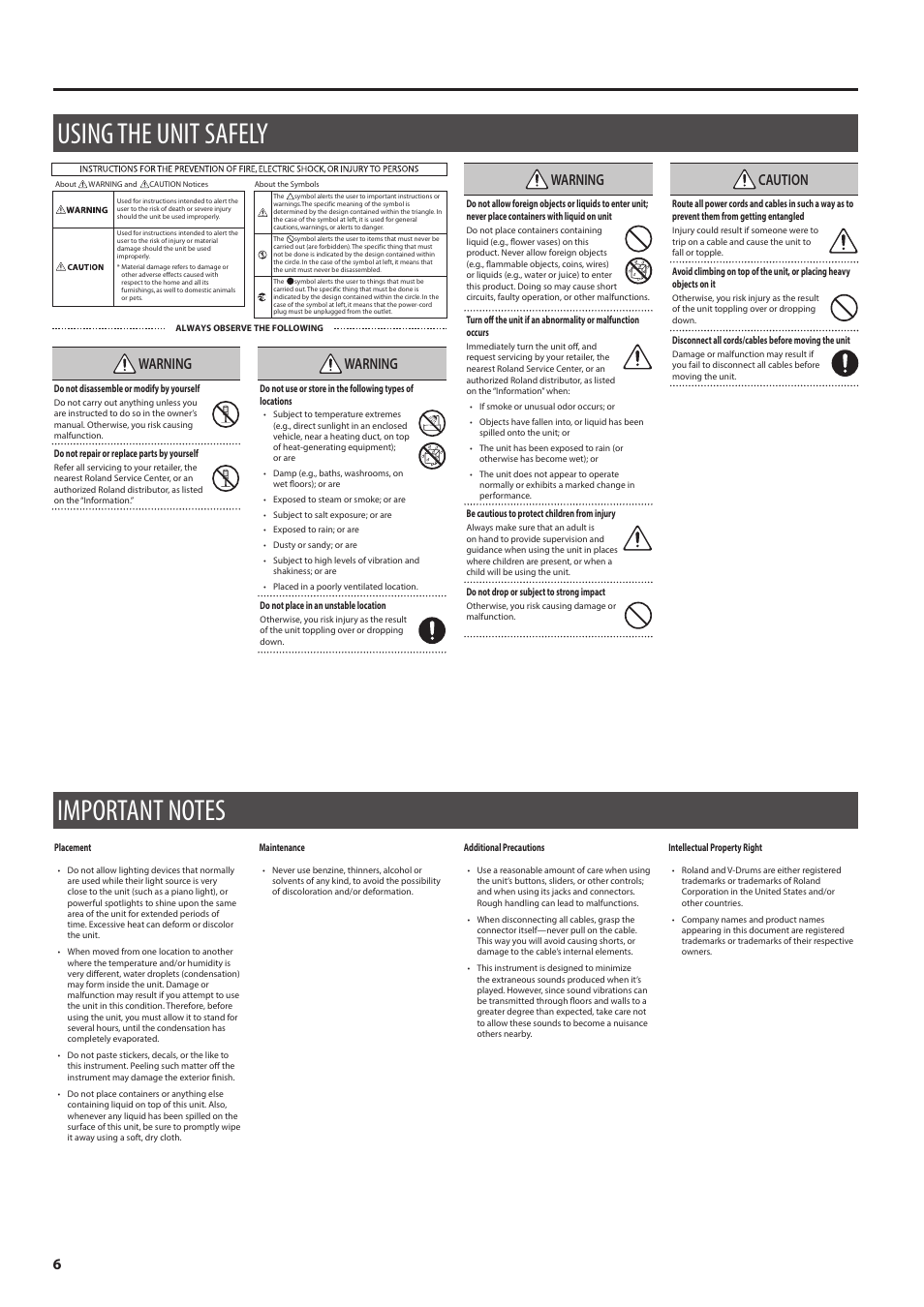 Warning, Caution | Roland KD-A22 Kick Drum Converter User Manual | Page 6 / 6