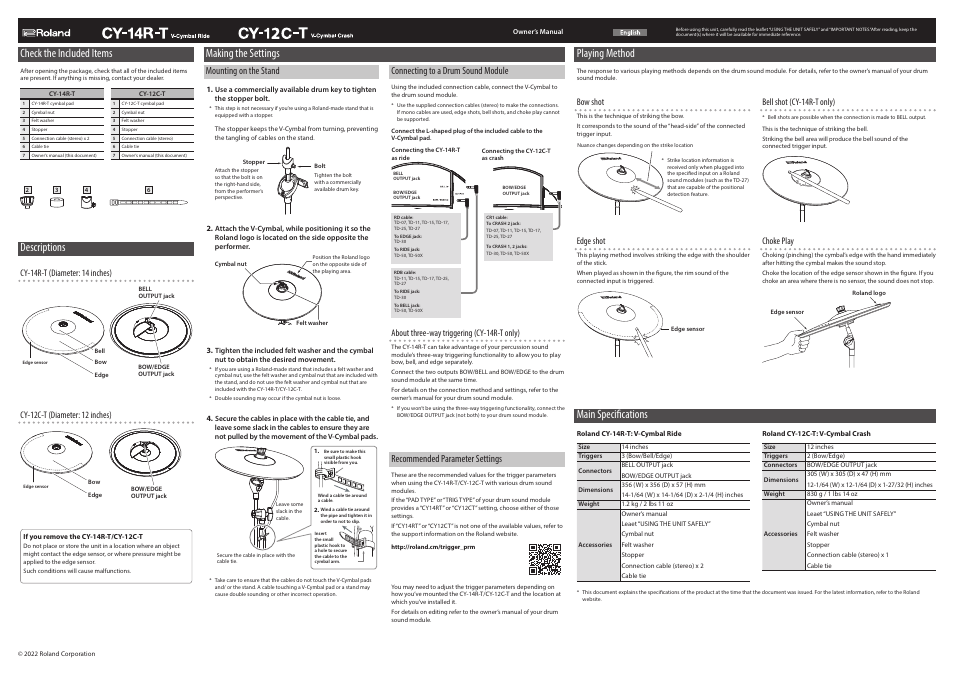 Roland CY-12C-T Thin Crash V-Cymbal User Manual | 1 page