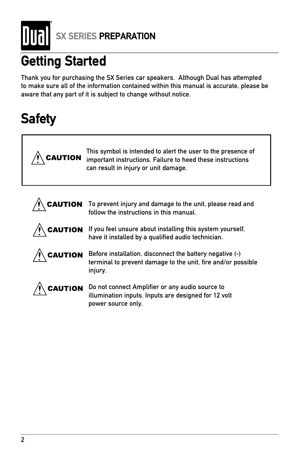 Getting started safety | Dual SXSERIES SX652 User Manual | Page 2 / 8