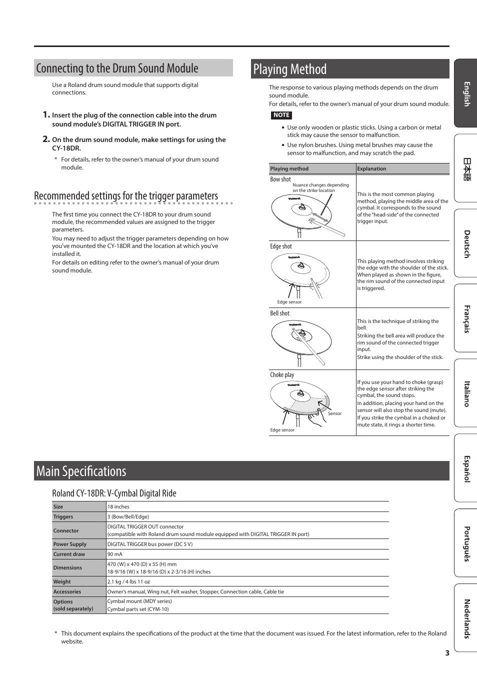 Connecting to the drum sound module, Playing method, Main specifications | Recommended settings for the trigger parameters, Roland cy-18dr: v-cymbal digital ride | Roland CY-18DR V-Cymbal Digital Ride User Manual | Page 3 / 4