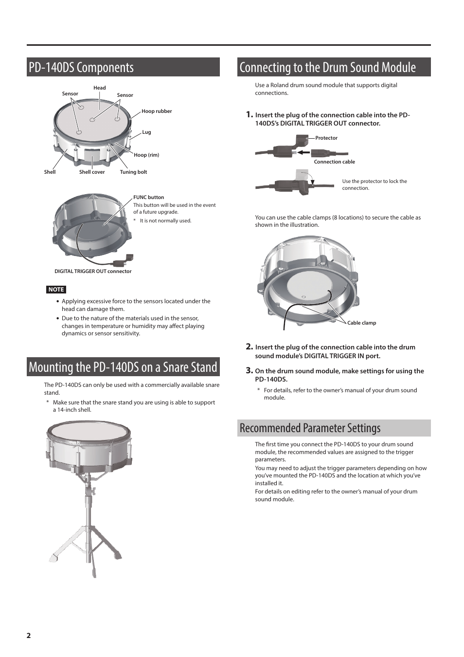 Pd-140ds components, Mounting the pd-140ds on a snare stand, Connecting to the drum sound module | Recommended parameter settings | Roland PD-140DS V-Pad Digital Snare User Manual | Page 2 / 6