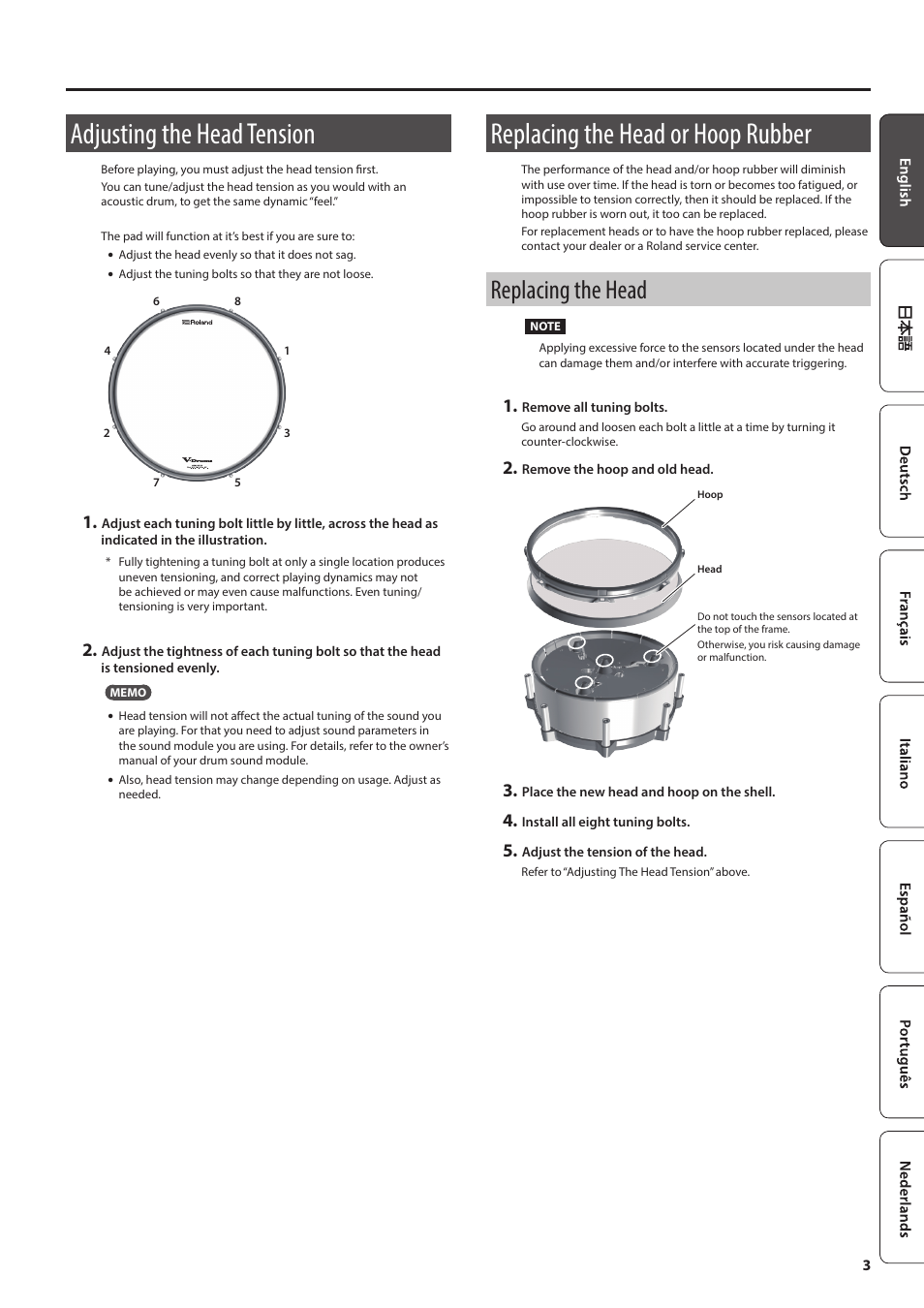Adjusting the head tension, Replacing the head or hoop rubber, Replacing the head | Roland PD-140DS V-Pad Digital Snare User Manual | Page 3 / 6