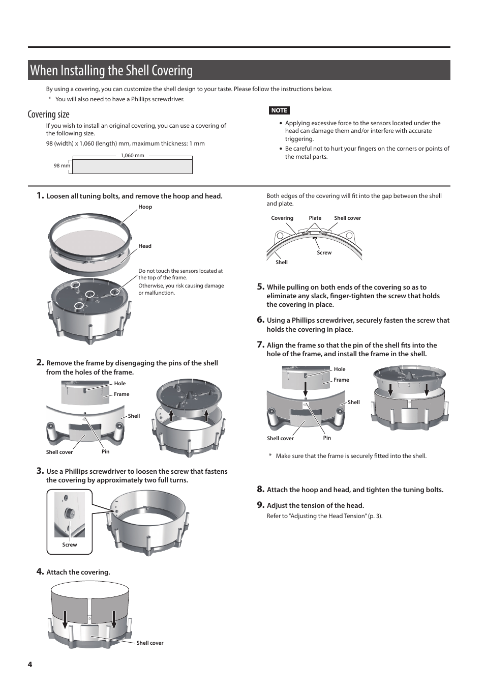 When installing the shell covering, Covering size | Roland PD-140DS V-Pad Digital Snare User Manual | Page 4 / 6
