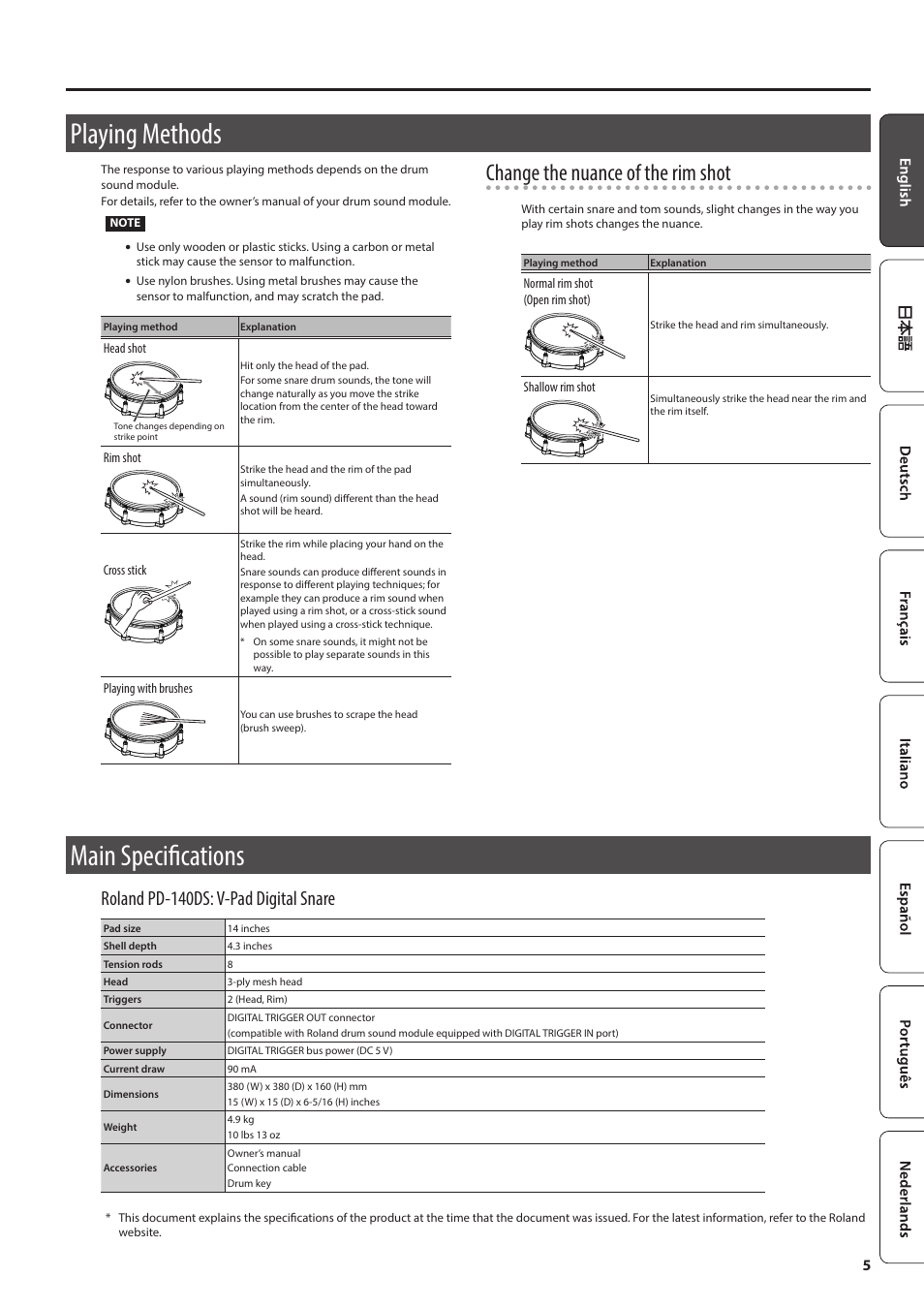 Playing methods, Main specifications, Change the nuance of the rim shot | Roland pd-140ds: v-pad digital snare | Roland PD-140DS V-Pad Digital Snare User Manual | Page 5 / 6