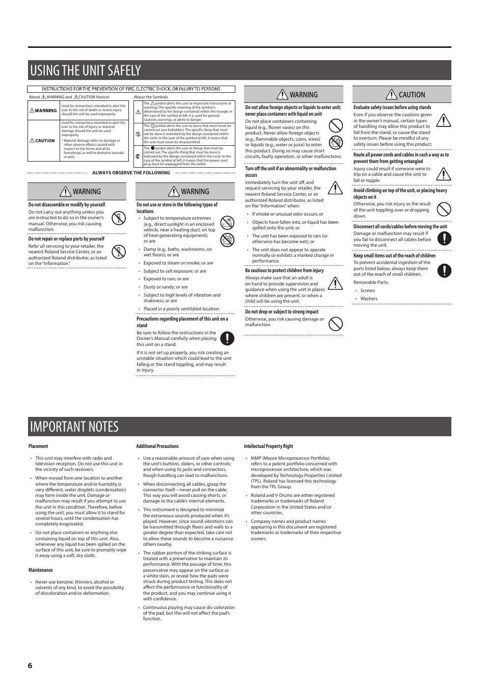 Using the unit safely, Important notes, Warning | Caution | Roland PD-140DS V-Pad Digital Snare User Manual | Page 6 / 6