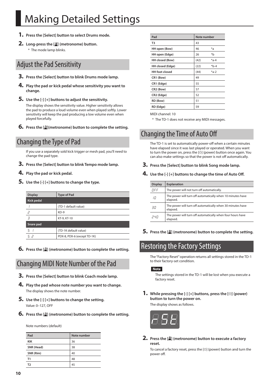 Making detailed settings, Adjust the pad sensitivity, Changing the type of pad | Changing midi note number of the pad, Changing the time of auto off, Restoring the factory settings | Roland V-Drums Electronic Drum Set User Manual | Page 10 / 12