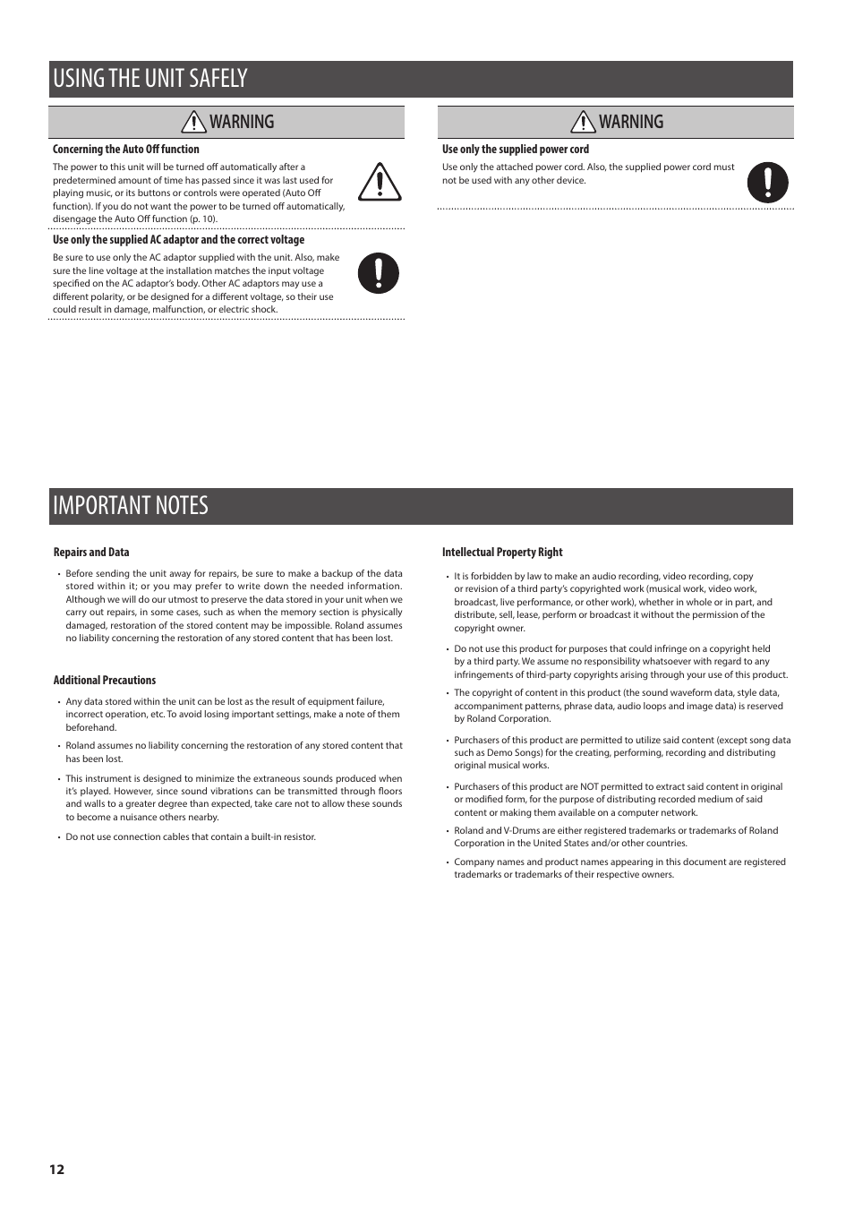 Using the unit safely, Important notes, Anual (p. 12)), as w | Using the unit safely important notes, Warning | Roland V-Drums Electronic Drum Set User Manual | Page 12 / 12