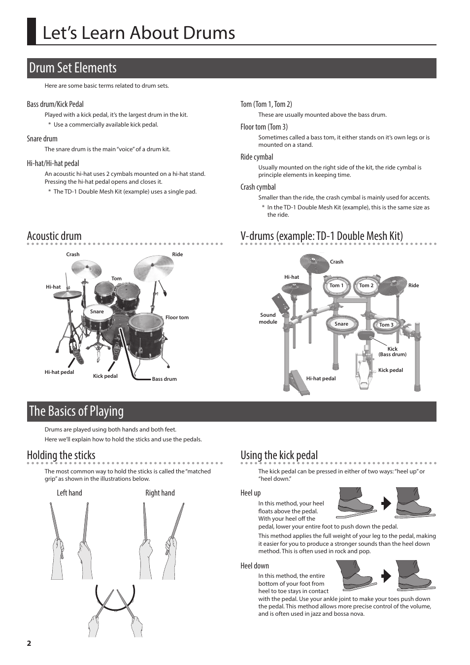 Let’s learn about drums, Drum set elements, The basics of playing | Drum set elements the basics of playing, Acoustic drum, V-drums (example: td-1 double mesh kit), Holding the sticks, Using the kick pedal | Roland V-Drums Electronic Drum Set User Manual | Page 2 / 12