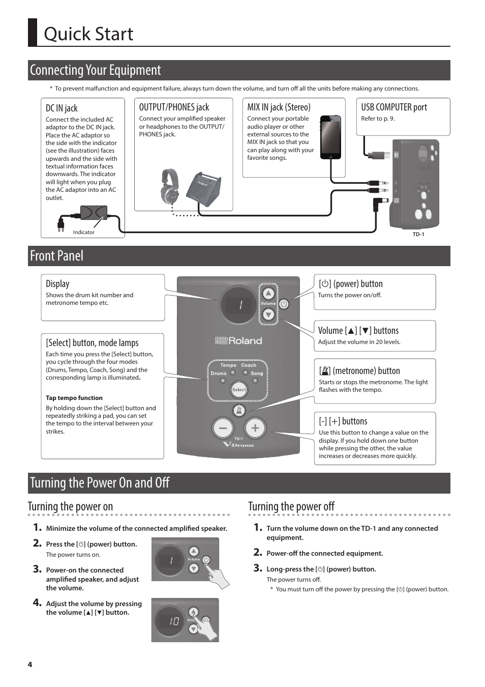 Quick start, Connecting your equipment, Front panel | Turning the power on and off, Turning the power on, Turning the power off, L ] (power) button, Volume [ h ] [ i ] buttons, Display, Metronome) button | Roland V-Drums Electronic Drum Set User Manual | Page 4 / 12