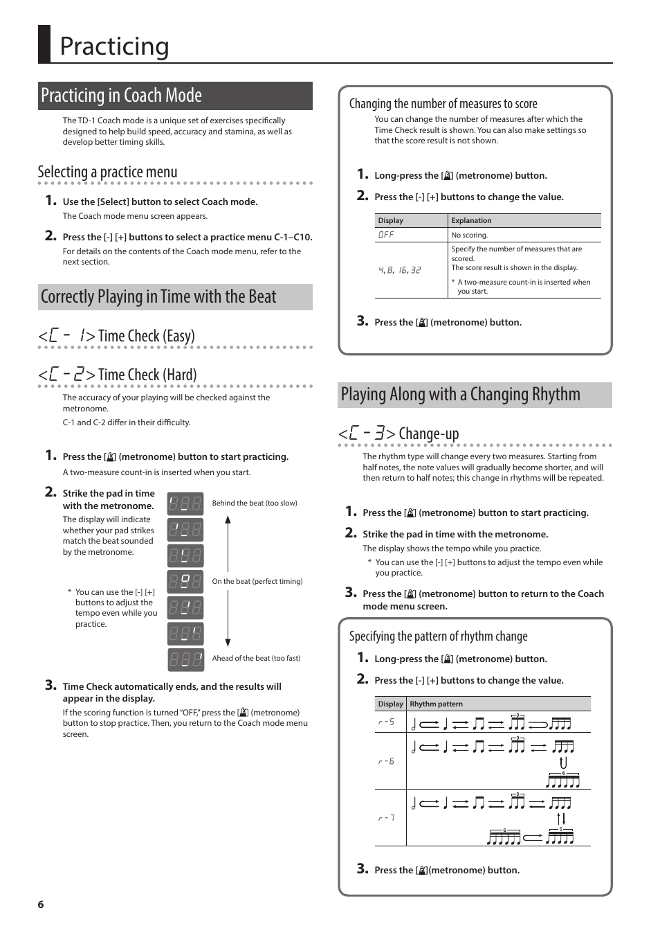 Practicing, Practicing in coach mode, Correctly playing in time with the beat | Playing along with a changing rhythm, Selecting a practice menu, C-1 > time check (easy) < c-2 > time check (hard), C-3 > change-up, Changing the number of measures to score, Specifying the pattern of rhythm change | Roland V-Drums Electronic Drum Set User Manual | Page 6 / 12