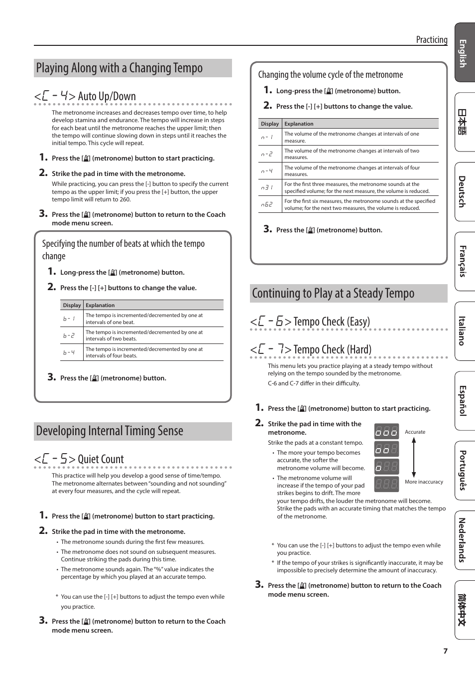 Playing along with a changing tempo, Developing internal timing sense, Continuing to play at a steady tempo | C-4 > auto up/down, C-5 > quiet count, Practicing, Changing the volume cycle of the metronome | Roland V-Drums Electronic Drum Set User Manual | Page 7 / 12