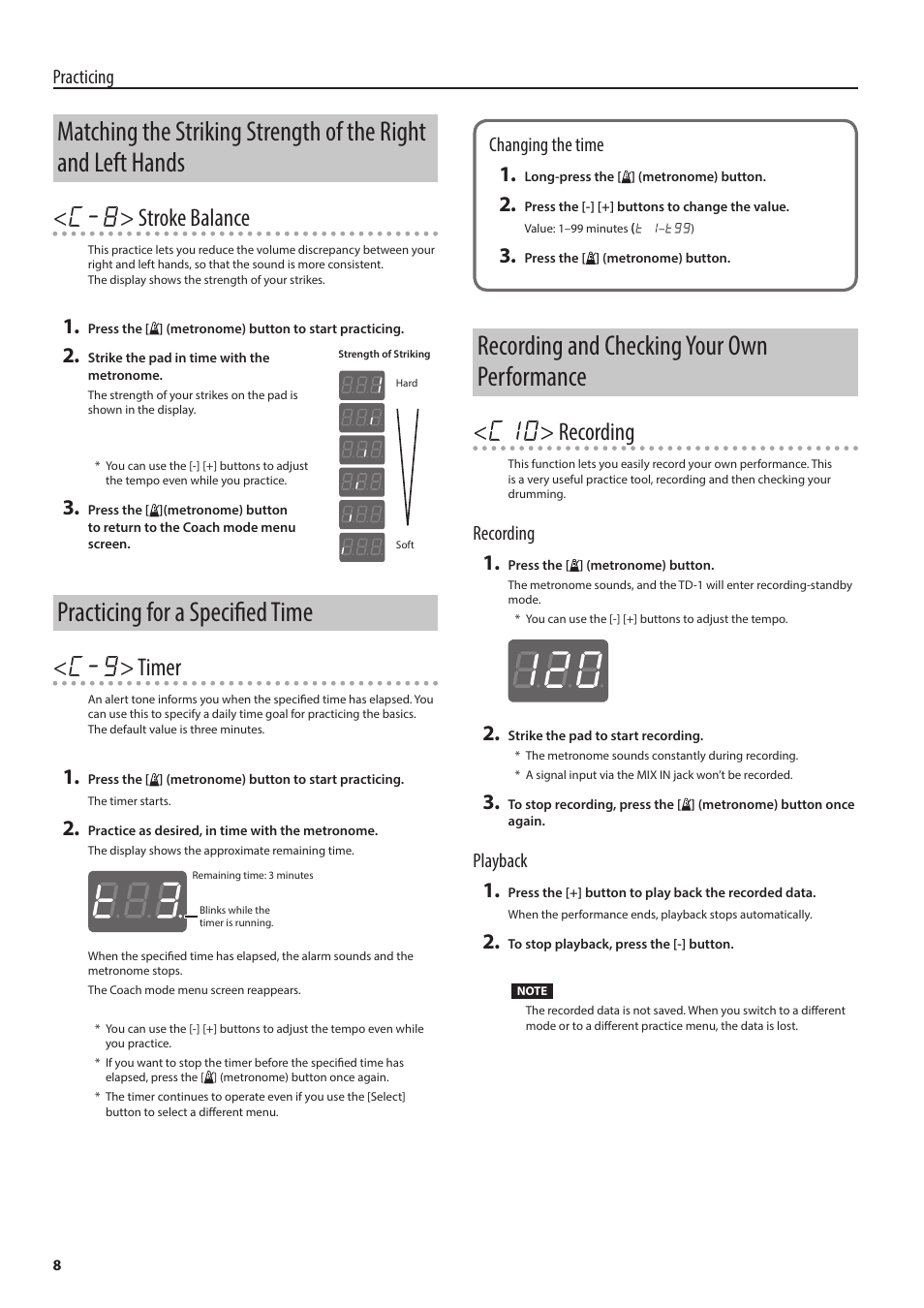 Practicing for a specified time, Recording and checking your own performance, C-8 > stroke balance | C-g > timer, C10 > recording, Practicing, Changing the time, Recording, Playback | Roland V-Drums Electronic Drum Set User Manual | Page 8 / 12