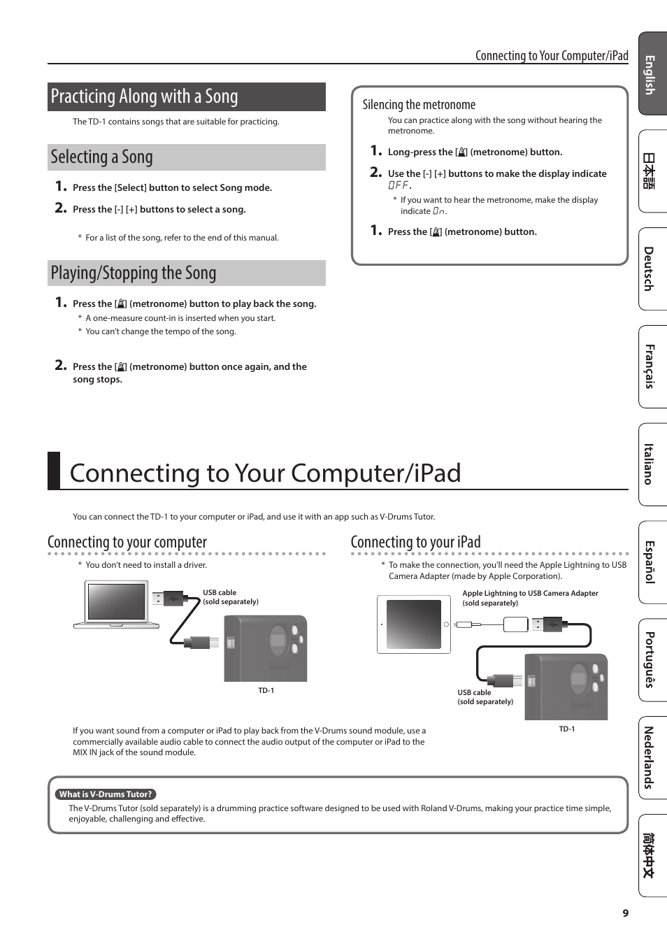 Practicing along with a song, Selecting a song, Playing/stopping the song | Connecting to your computer/ipad, Selecting a song playing/stopping the song, Connecting to your computer, Connecting to your ipad, Silencing the metronome | Roland V-Drums Electronic Drum Set User Manual | Page 9 / 12