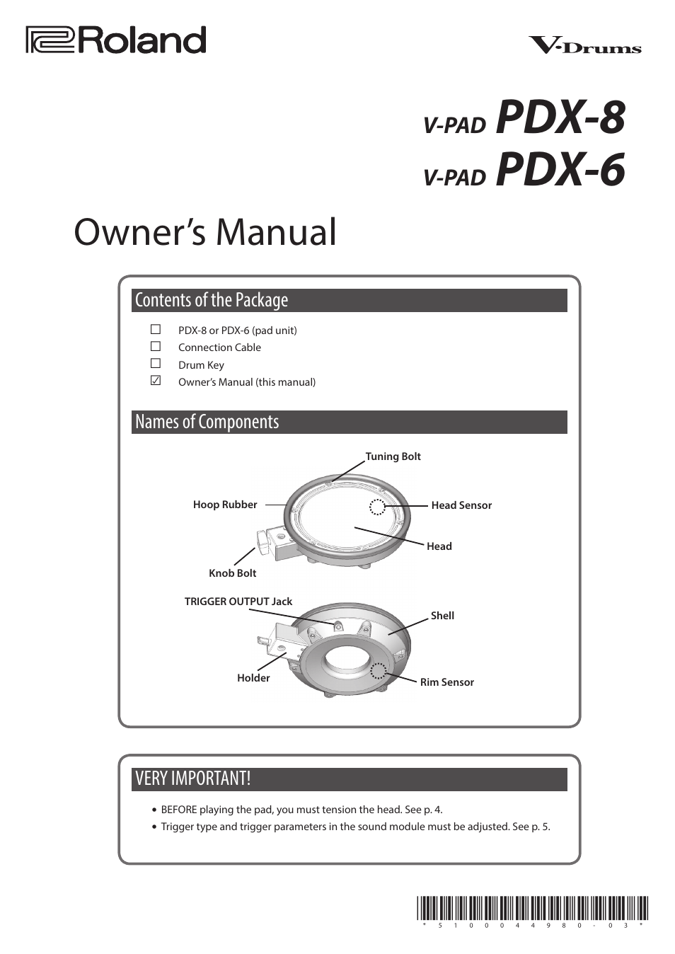 Roland PDX-6 Dual-Trigger Mesh V-Pad User Manual | 8 pages