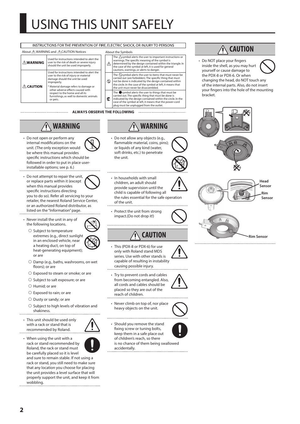 Using this unit safely, Warning, Caution | Roland PDX-6 Dual-Trigger Mesh V-Pad User Manual | Page 2 / 8