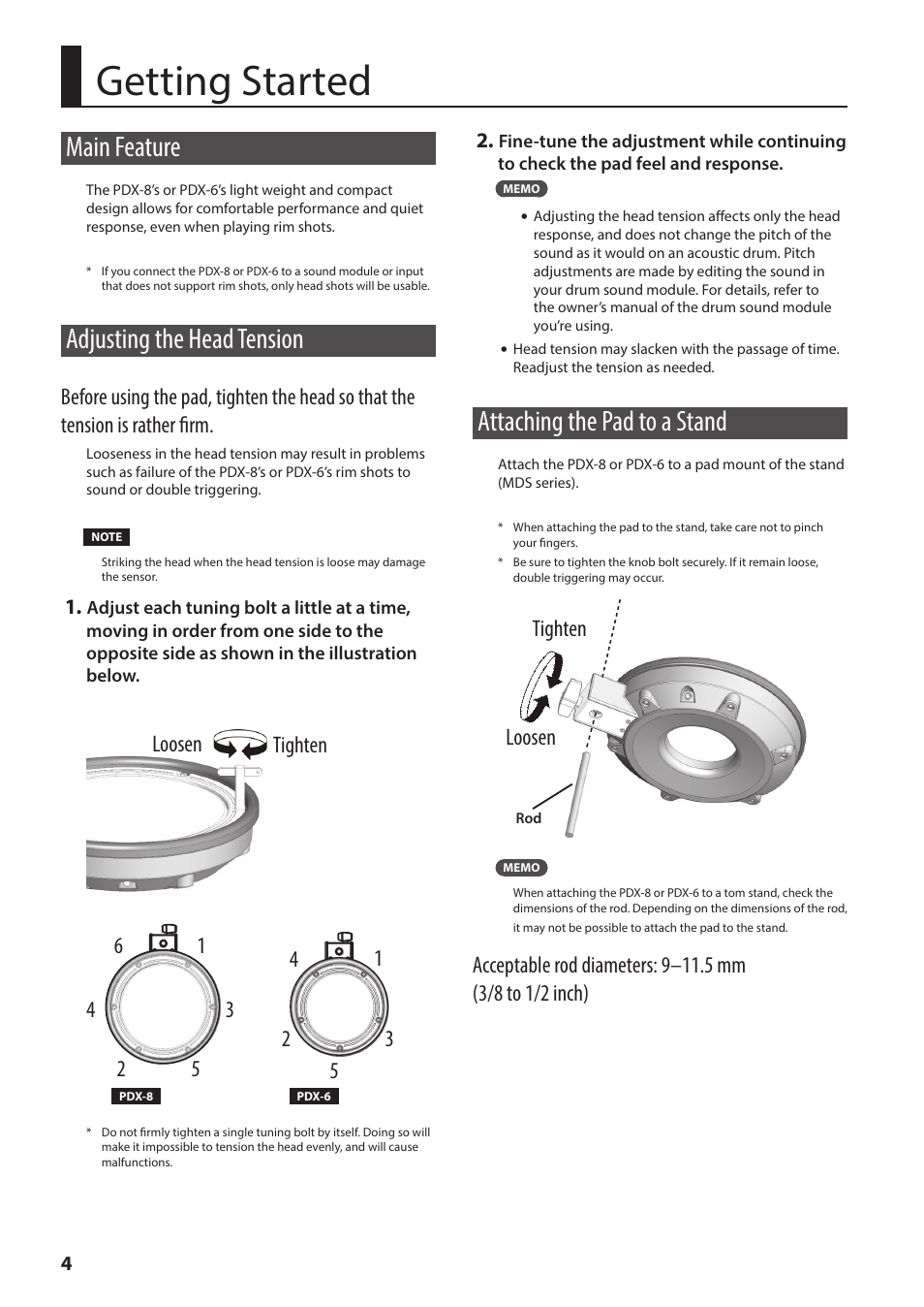 Getting started, Main feature, Adjusting the head tension | Attaching the pad to a stand, Loosen tighten | Roland PDX-6 Dual-Trigger Mesh V-Pad User Manual | Page 4 / 8