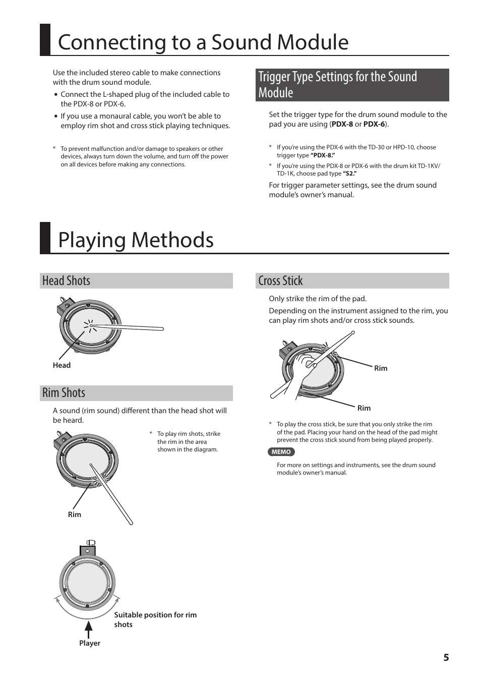 Connecting to a sound module, Playing methods, Trigger type settings for the sound module | Head shots, Rim shots, Cross stick | Roland PDX-6 Dual-Trigger Mesh V-Pad User Manual | Page 5 / 8