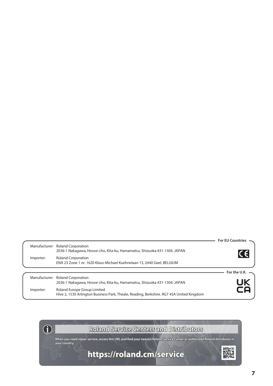 Roland service centers and distributors | Roland PDX-6 Dual-Trigger Mesh V-Pad User Manual | Page 7 / 8