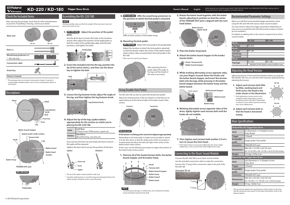 Roland KD-180 V-Drums 18" Bass Drum User Manual | 1 page