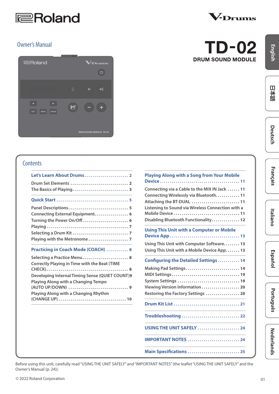 Roland TD-02K V-Drums Electronic Drum Kit User Manual | 25 pages