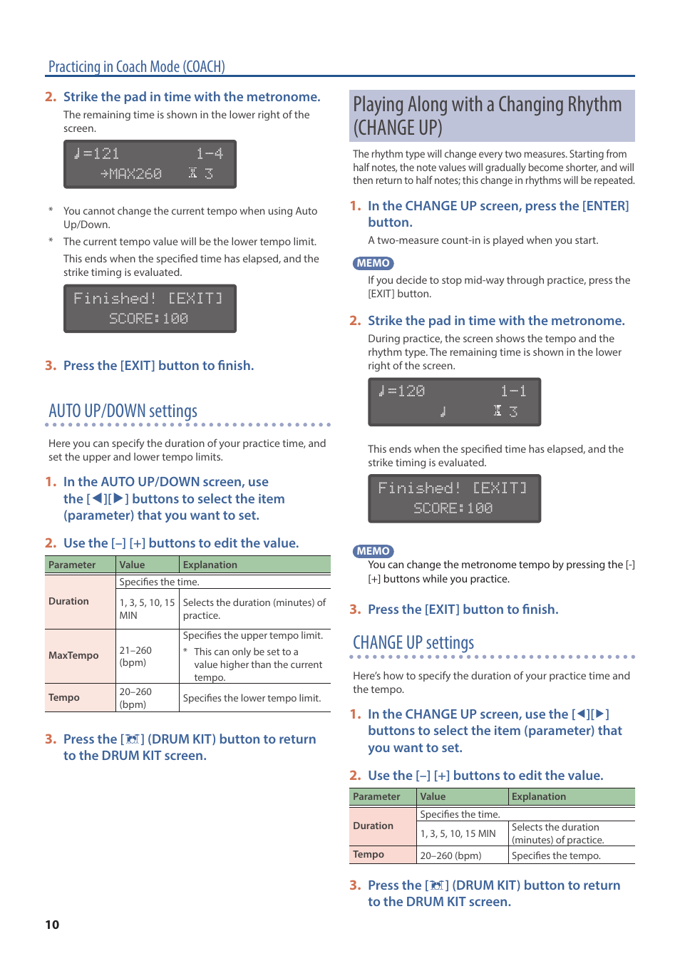 Playing along with a changing rhythm (change up), Playing along with a changing rhythm, Change up) | Auto up/down settings, Change up settings, Practicing in coach mode (coach) | Roland TD-02K V-Drums Electronic Drum Kit User Manual | Page 10 / 25