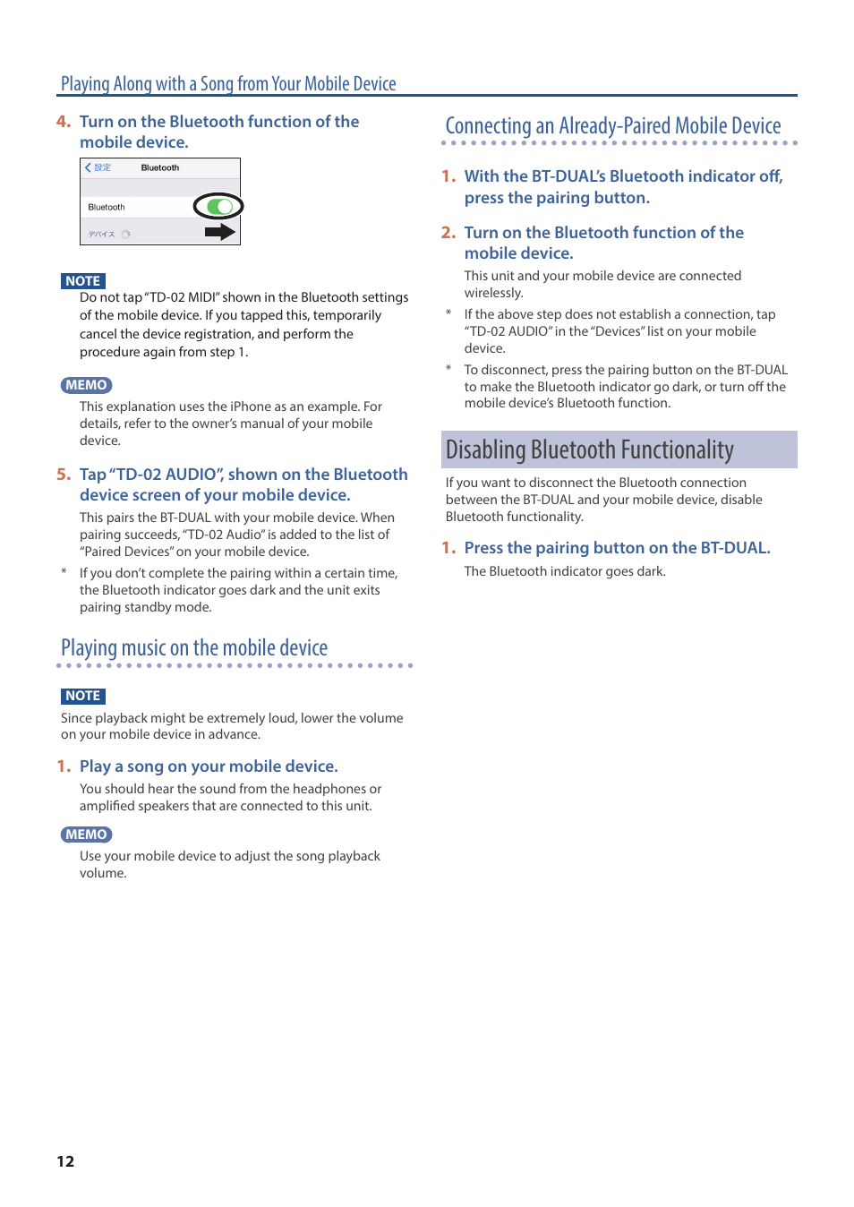 Disabling bluetooth functionality, Playing music on the mobile device, Connecting an already-paired mobile device | Playing along with a song from your mobile device | Roland TD-02K V-Drums Electronic Drum Kit User Manual | Page 12 / 25