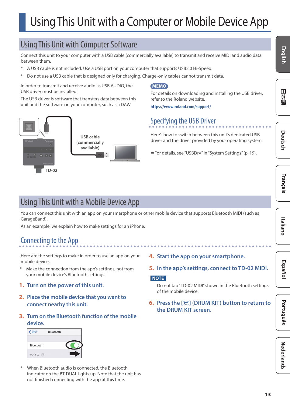 Using this unit with computer software, Using this unit with a mobile device app, Using this unit with a computer or mobile | Device app, Using this unit with computer, Software” (p. 13), Specifying the usb driver, Connecting to the app | Roland TD-02K V-Drums Electronic Drum Kit User Manual | Page 13 / 25