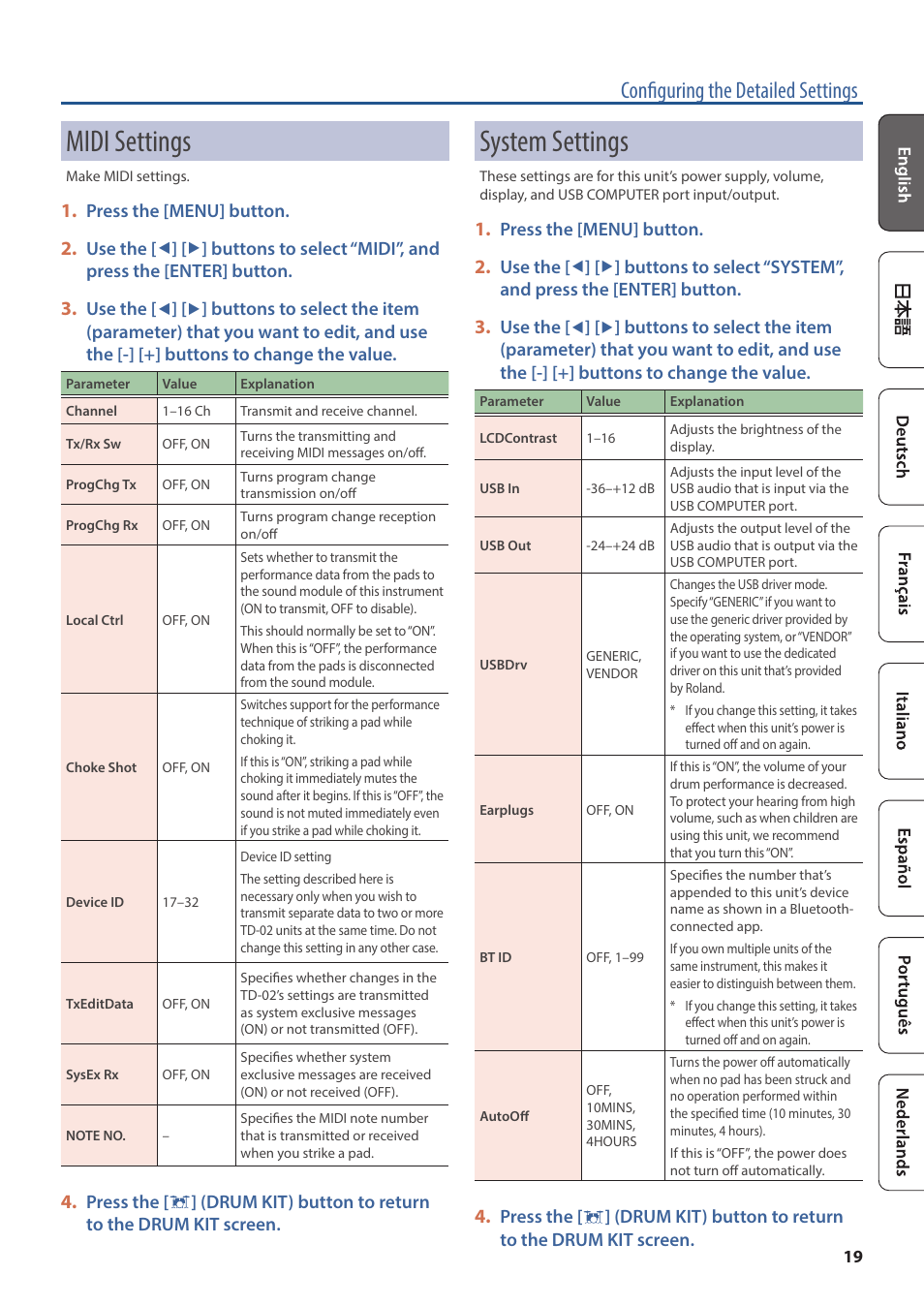 Midi settings, System settings, Tion (p. 19) | P. 19, Configuring the detailed settings, Press the [menu] button, Use the | Roland TD-02K V-Drums Electronic Drum Kit User Manual | Page 19 / 25