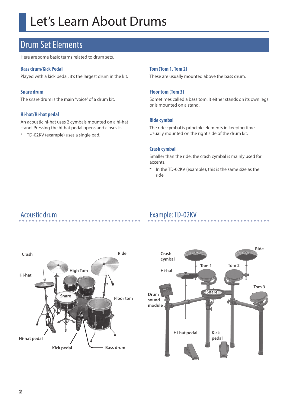 Let’s learn about drums, Drum set elements, Acoustic drum example: td-02kv | Roland TD-02K V-Drums Electronic Drum Kit User Manual | Page 2 / 25